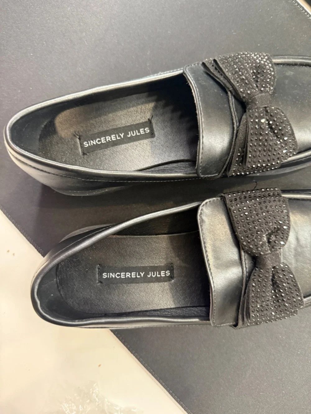 Sincerely Jules Women's Size 4 Fabiana Black Rhinestone Bow Lug Sole Loafers New